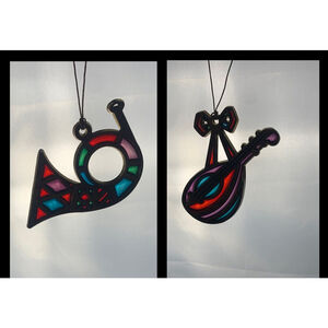 Avon, Stained Glass, Mandolin and Horn, Gold Tone, Vintage 1984, Ornaments